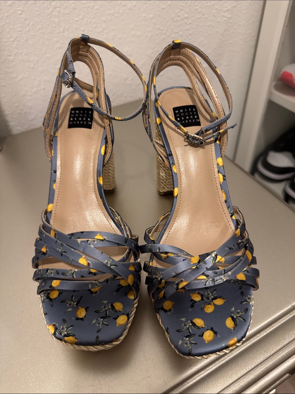 White House Black Market Navy and Yellow Lemon-Print Wedge Sandals